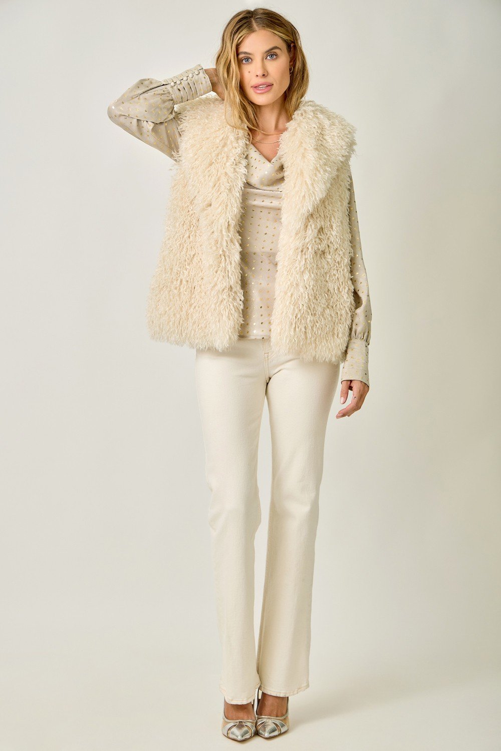 Shaggy Faux Fur Vest in Ivory - Mystree