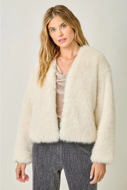 Faux Fur Open Jacket in Ivory - Mystree