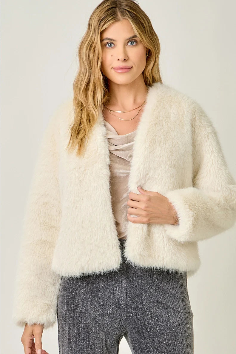 Faux Fur Open Jacket in Ivory - Mystree