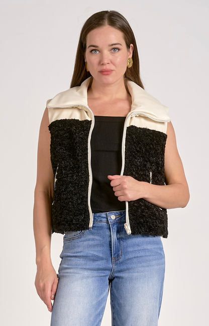 Faux Leather Reversible Vest in Black & White - Elan