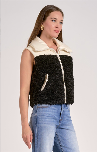 Faux Leather Reversible Vest in Black & White - Elan