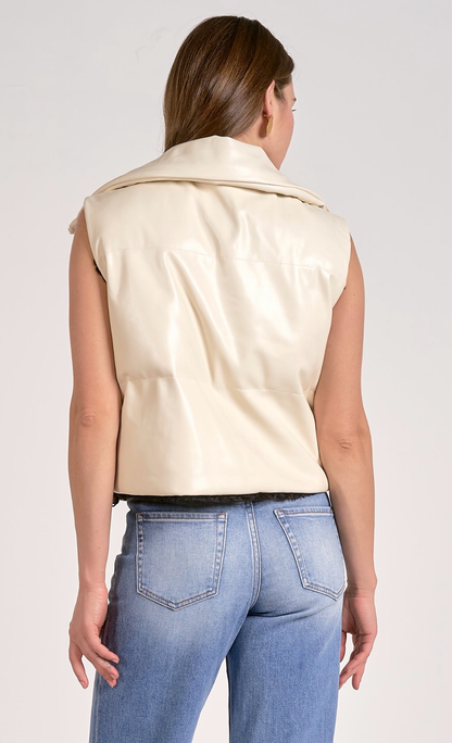 Faux Leather Reversible Vest in Black & White - Elan