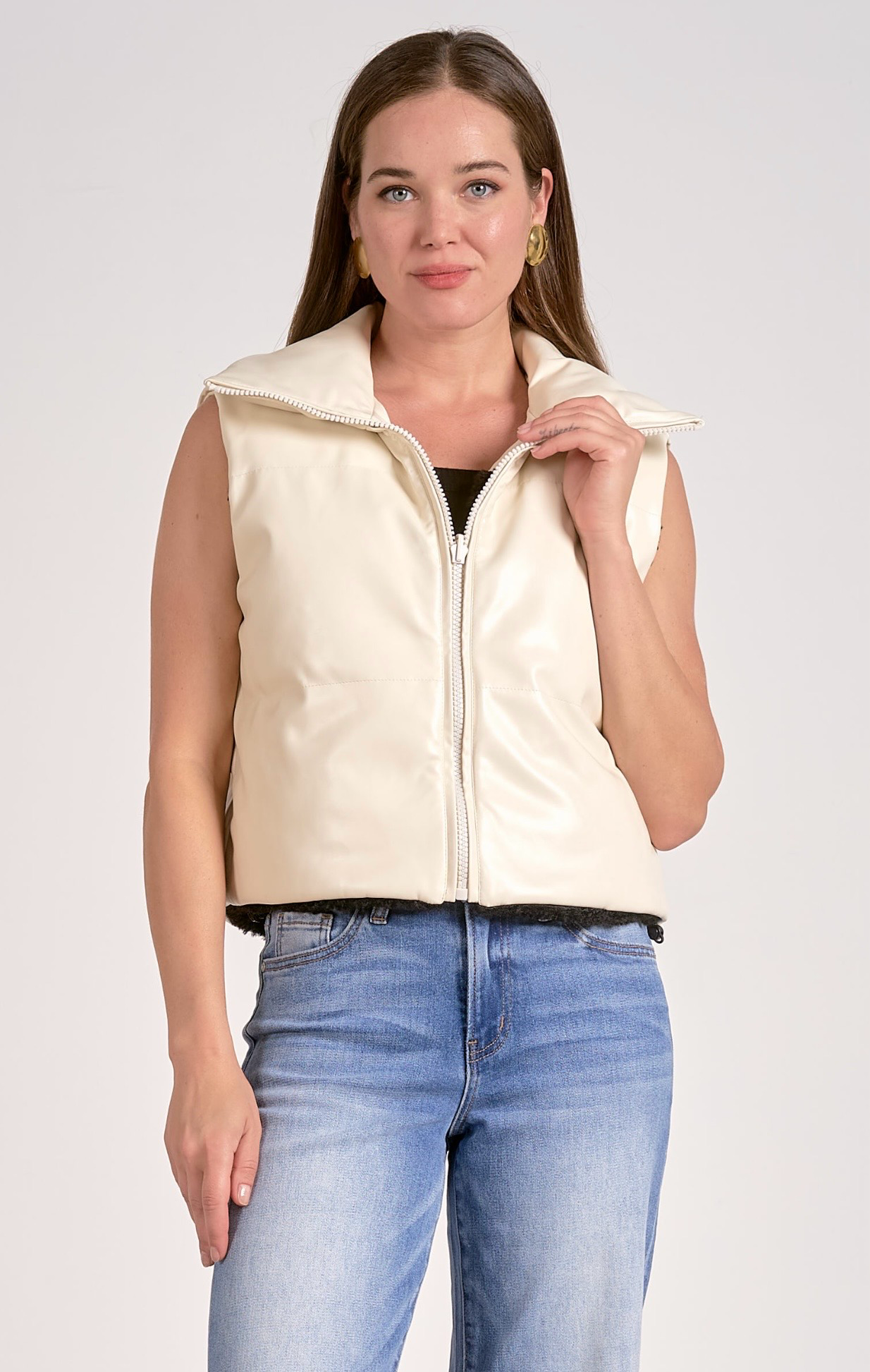Faux Leather Reversible Vest in Black & White - Elan
