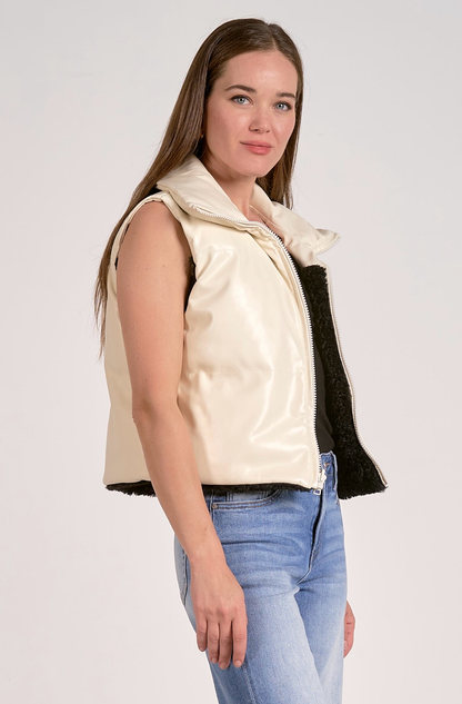 Faux Leather Reversible Vest in Black & White - Elan