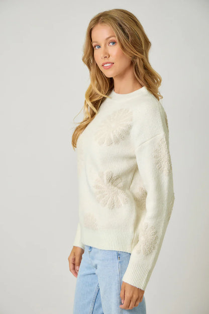 Floral Flocked Sweater in Ivory - Mystree