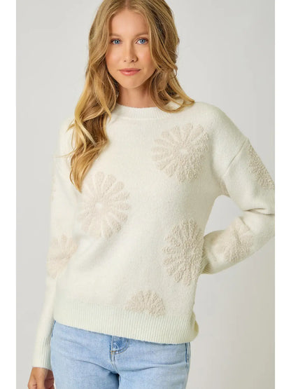 Floral Flocked Sweater in Ivory - Mystree