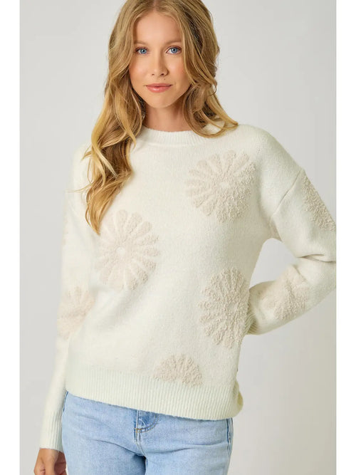 Floral Flocked Sweater in Ivory - Mystree